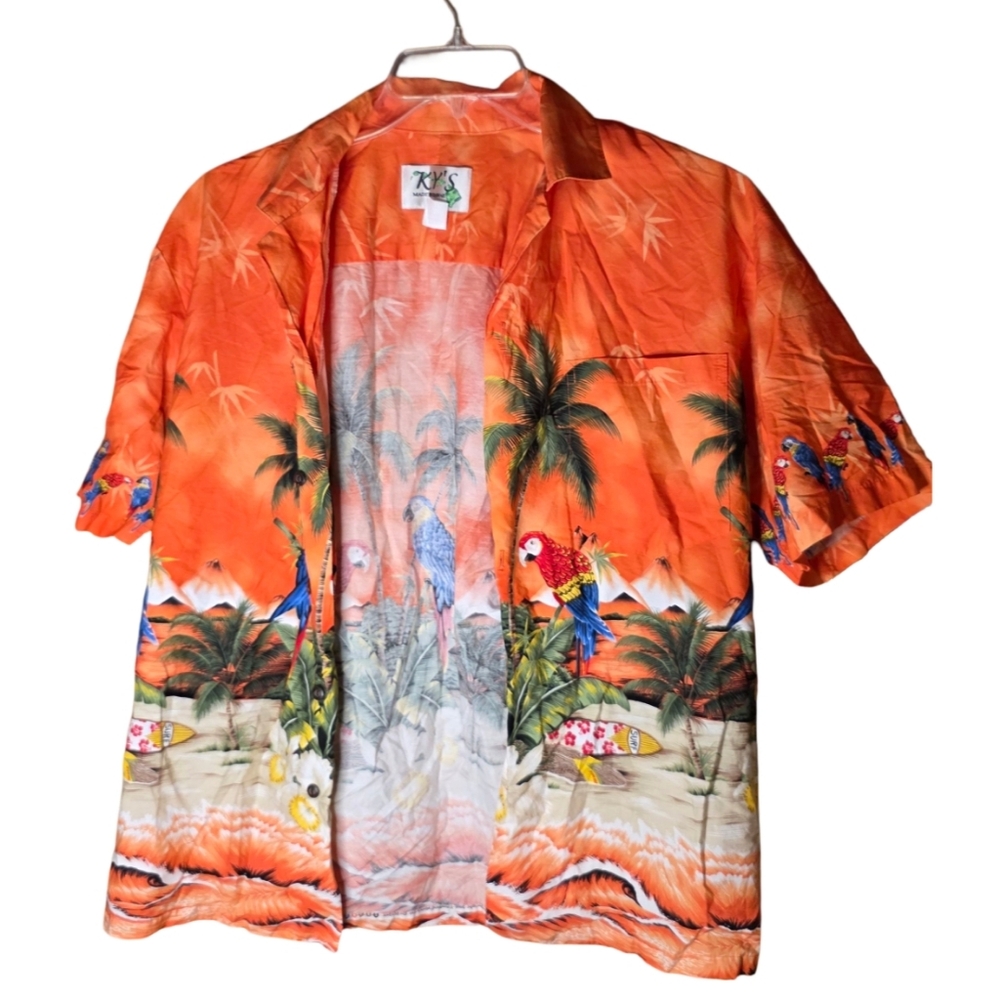 Vintage KY'S Hawaiian Parrot Print Shirt Orange Tropical Resort Wear Med